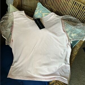 Pale Pink Short-Sleeve Tee with Sheer Pearl Puff Sleeves